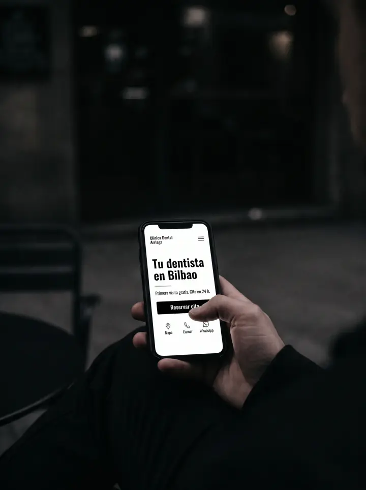 Primer plano cinematográfico de una mano sosteniendo un smartphone mostrando un sitio web minimalista y limpio con un botón destacado de contactar