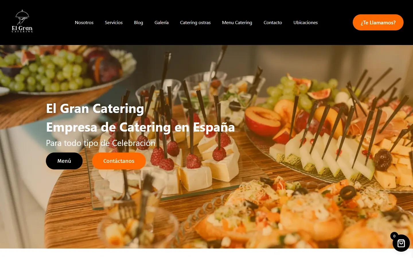 Portada de El Gran Catering en escritorio: una mesa de canapés, el titular «Empresa de Catering en España» y los botones «Menú» y «Contáctanos»