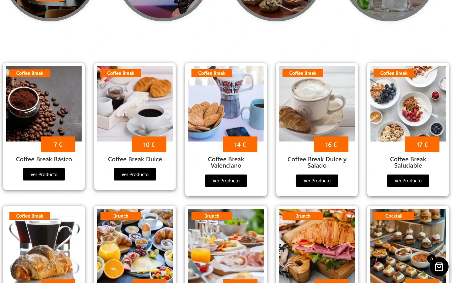 Carta de menús: coffee breaks con su precio, de 7 a 17 €, y el botón «Ver Producto»