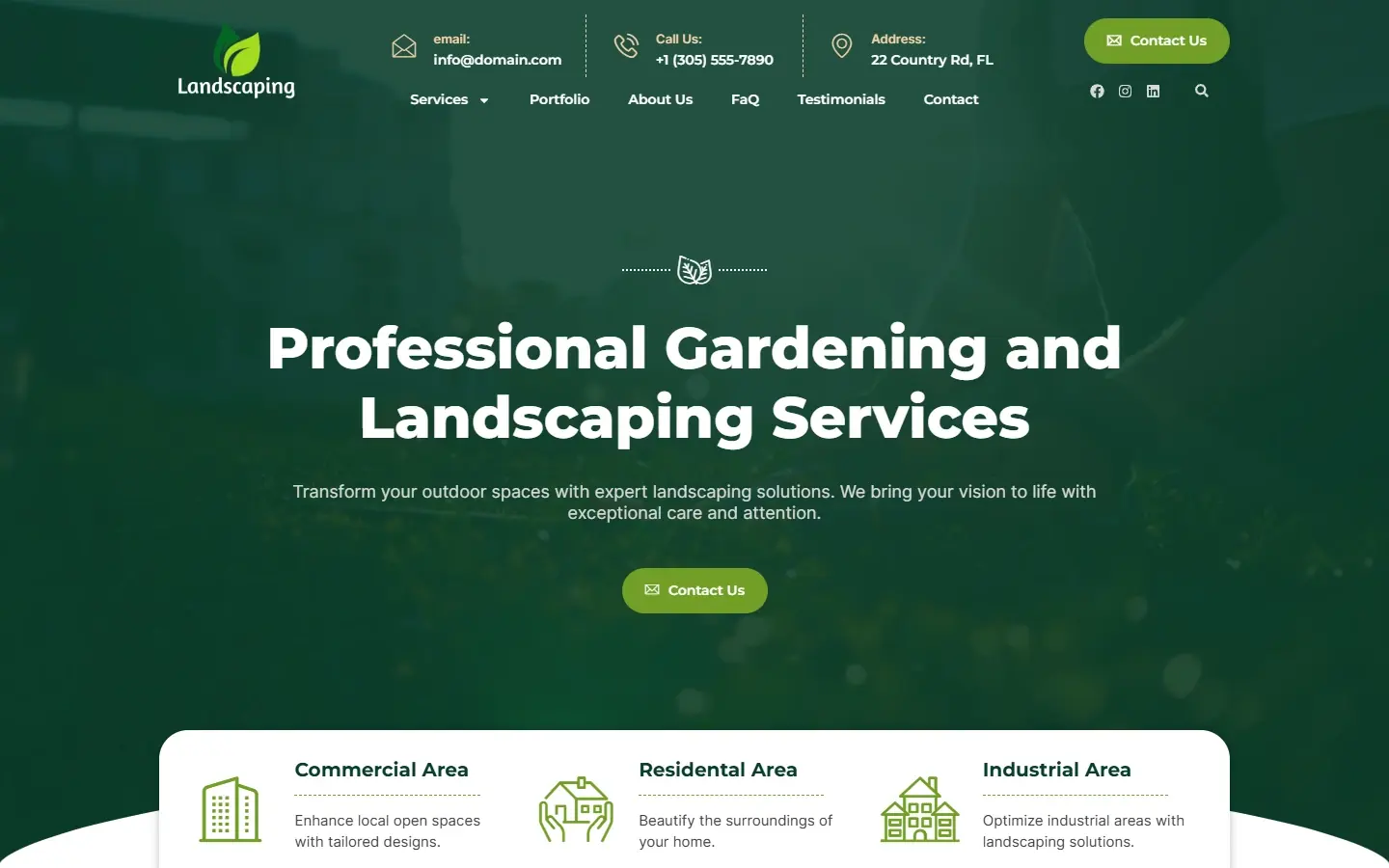 Portada de la demo de jardinería en escritorio: fondo verde, el titular «Professional Gardening and Landscaping Services» y el botón Contact Us