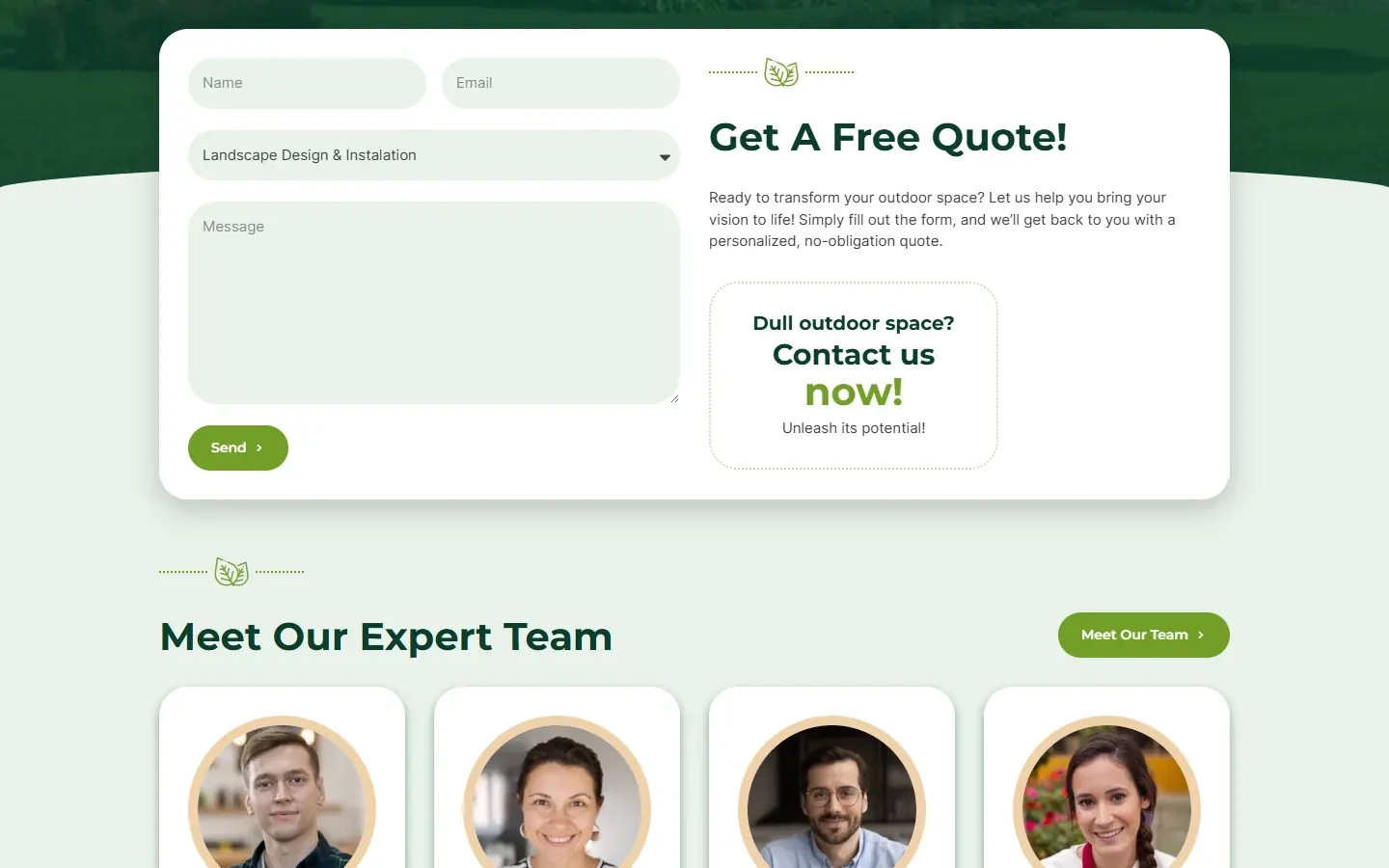 Formulario «Get A Free Quote!» y, debajo, el equipo