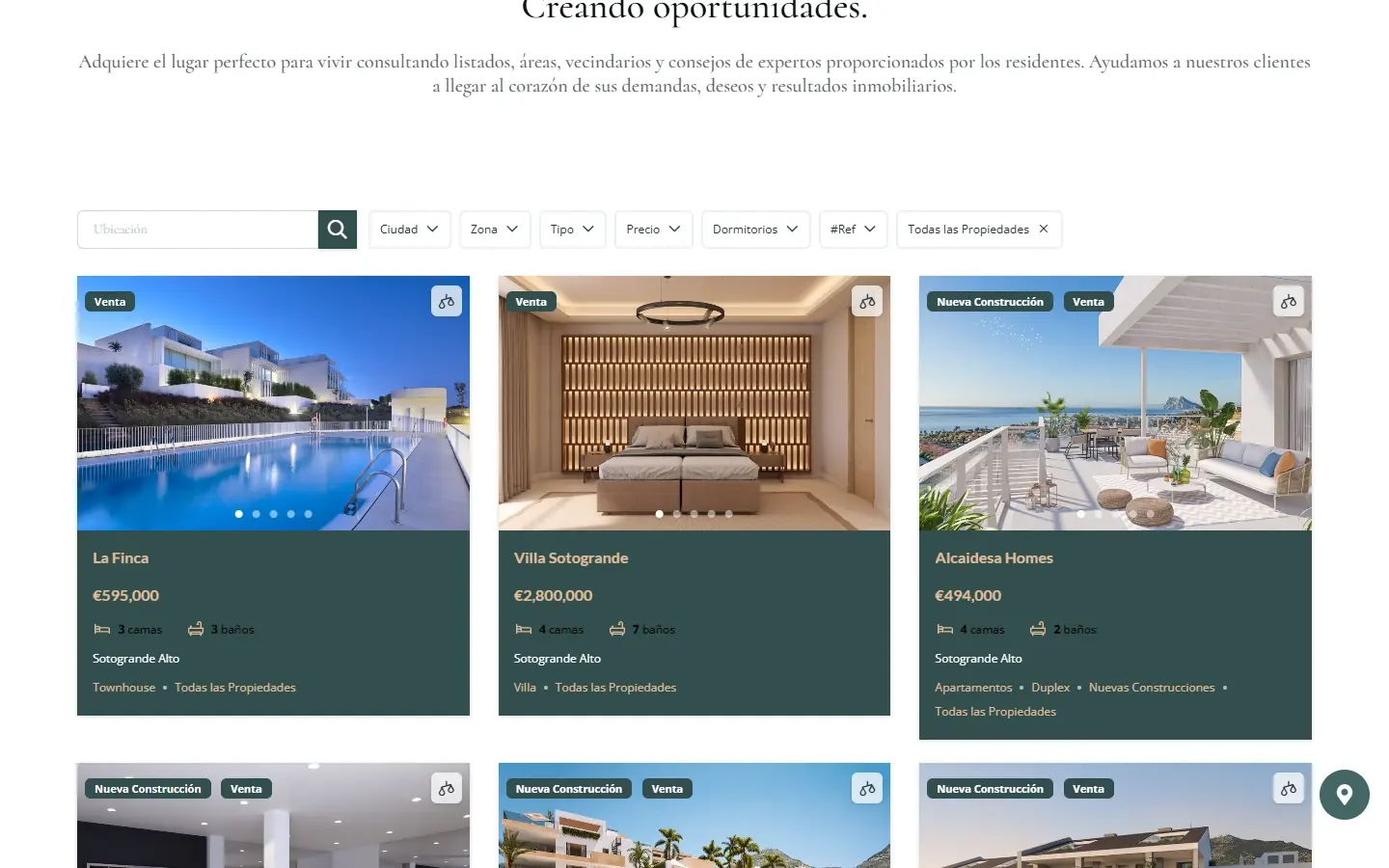Buscador de propiedades con los filtros de ubicación, ciudad, zona, tipo, precio, dormitorios y referencia sobre las fichas