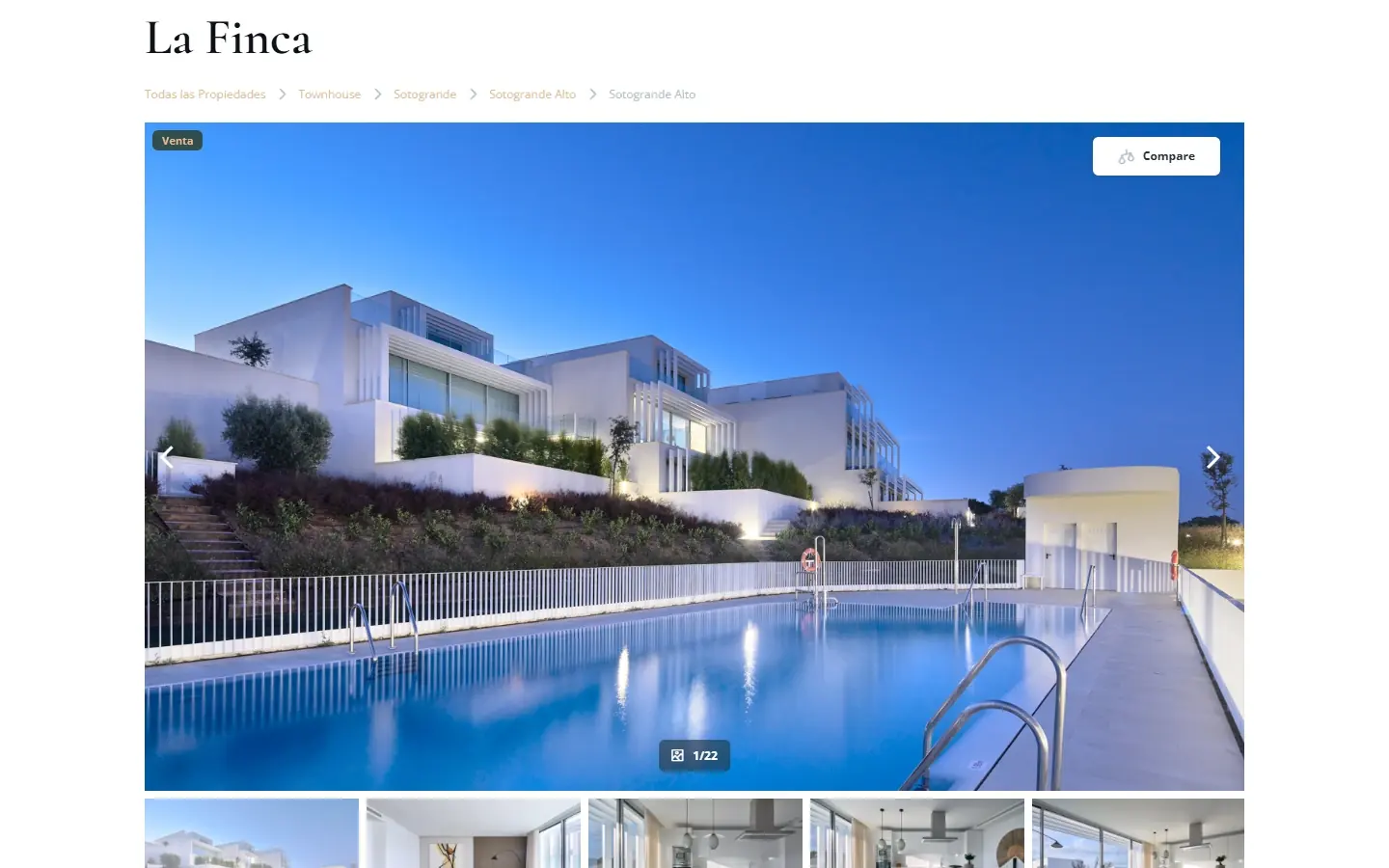 Ficha del inmueble La Finca con su galería de fotos y el botón «Compare»