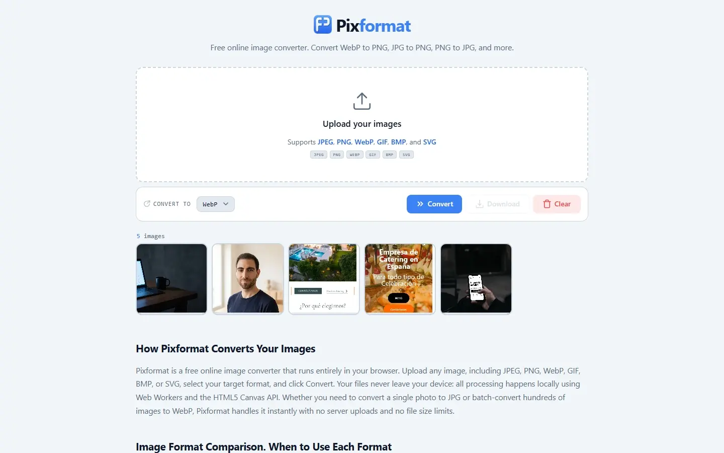 Pixformat con cinco imágenes cargadas y el botón Convert activo