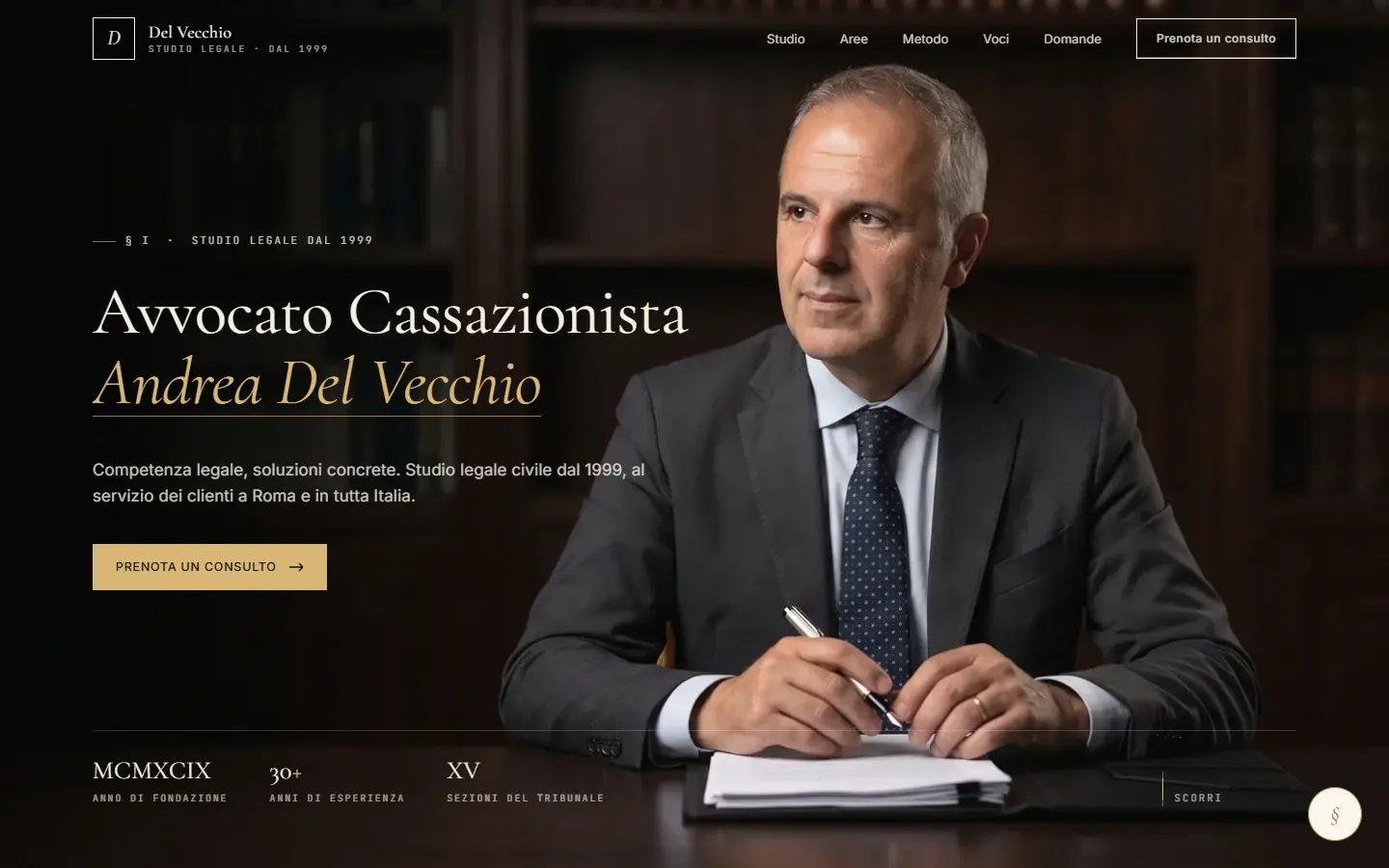 Portada de Studio Legale Del Vecchio en escritorio: el abogado en su despacho, el titular «Avvocato Cassazionista Andrea Del Vecchio» y el botón «Prenota un consulto»
