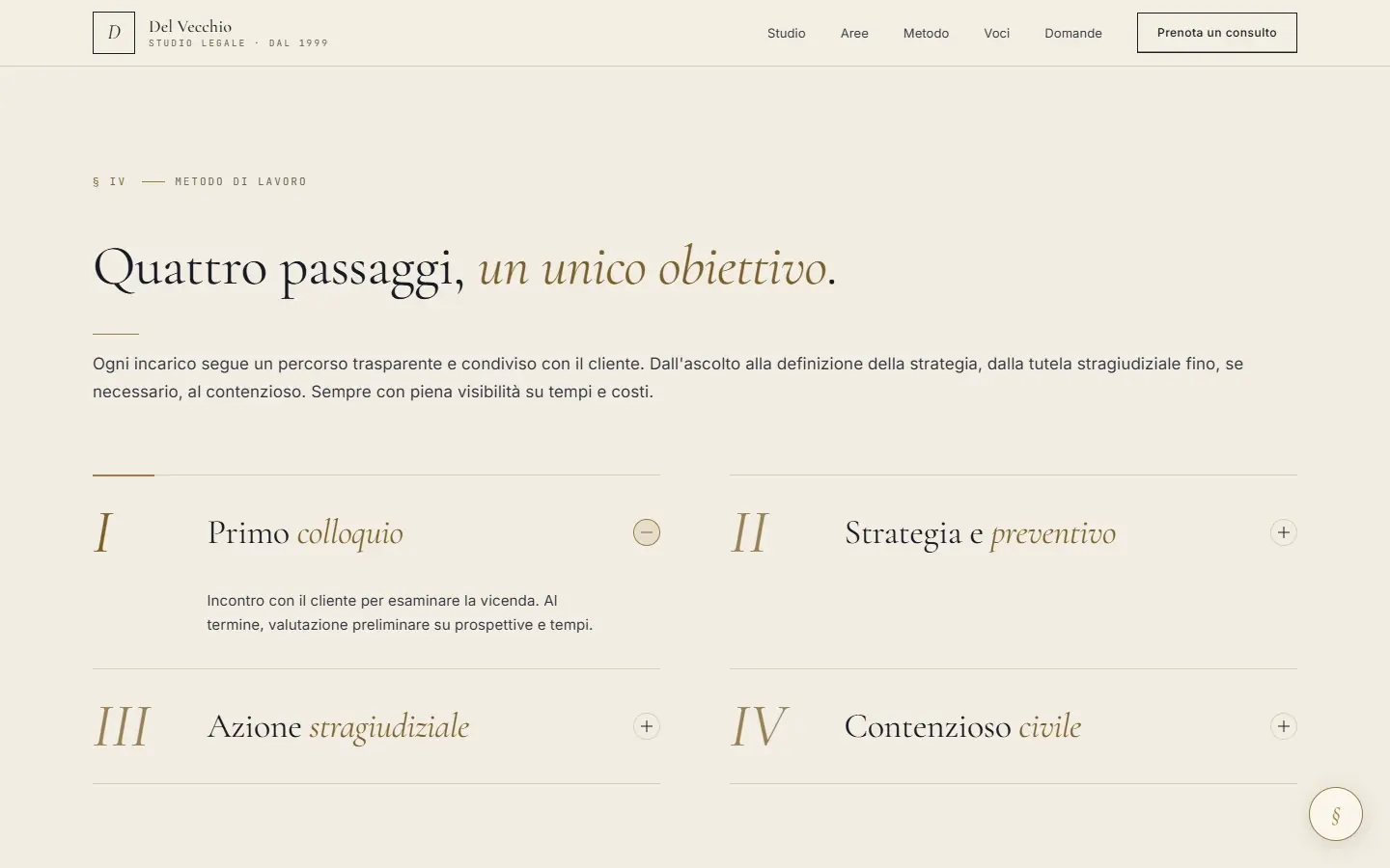 Sección «Quattro passaggi, un unico obiettivo» con los cuatro pasos del método